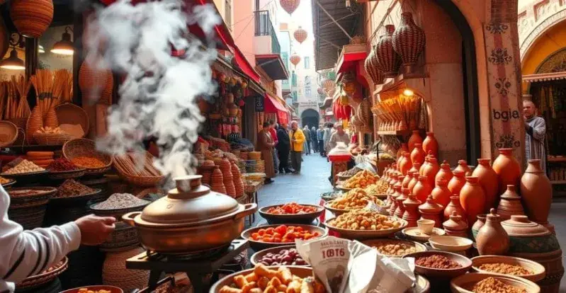 A man stands in front of a Moroccan market filled with colorful pots and bowls, showcasing local crafts and cuisine.