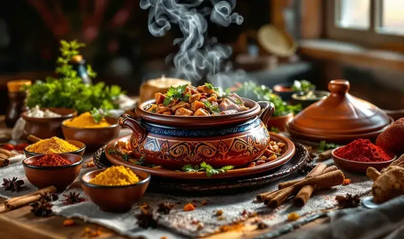 A beautifully arranged Moroccan meal with vibrant spices displayed on a table at a Luxury Desert Camp.