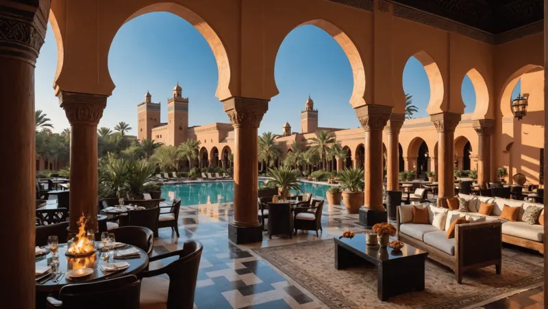 The serene pool at a Marrakech riad, surrounded by lush greenery and traditional Moroccan architecture.